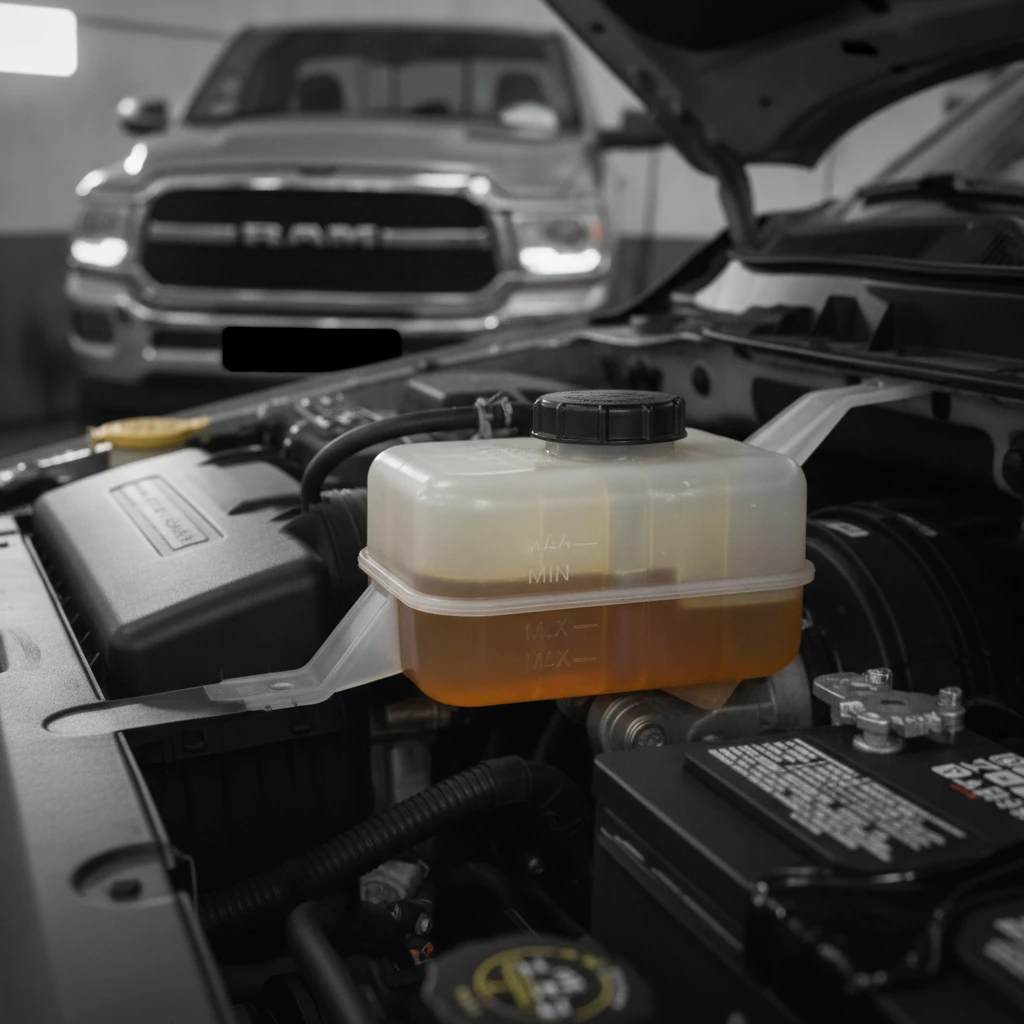 brake fluid reservoir in a vehicle engine bay showing the fluid level markings