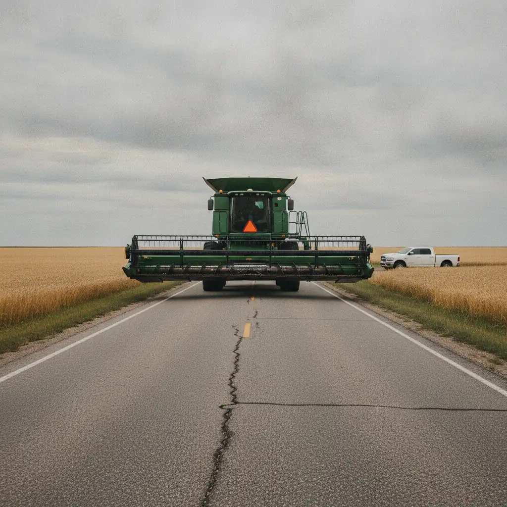 combine harvester with a wide header on a narrow rural Manitoba highway during harvest