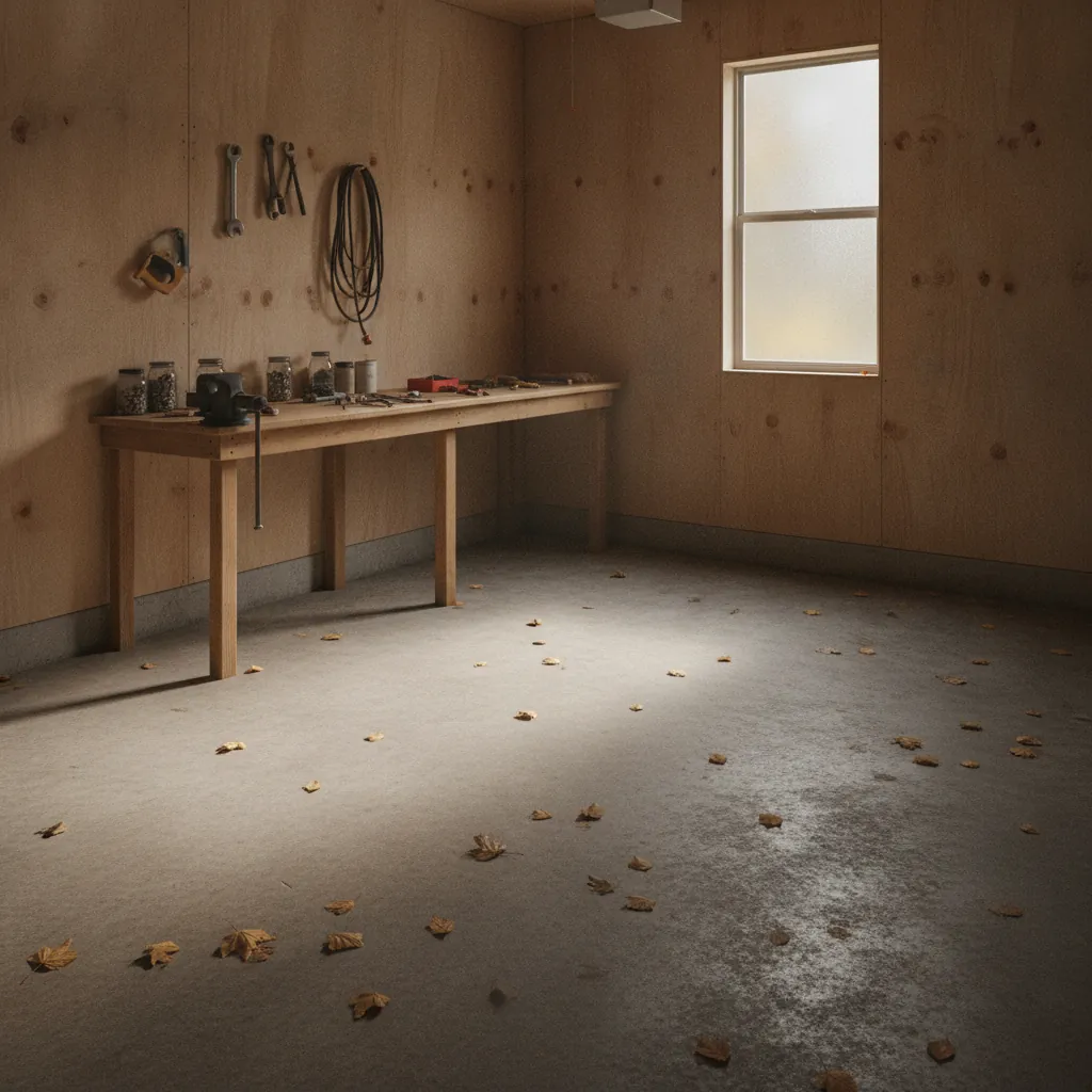empty detached garage interior with concrete floor and workbench in autumn light
