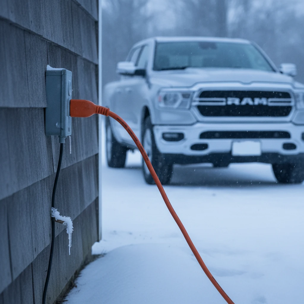extension cord plugged into an exterior house outlet in winter snow