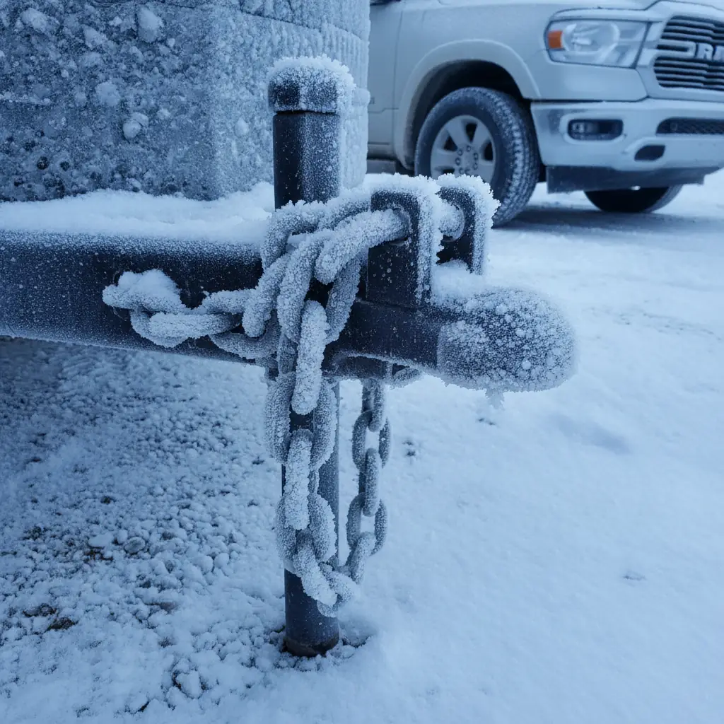 frost covered trailer hitch coupler and safety chains on a snowy driveway
