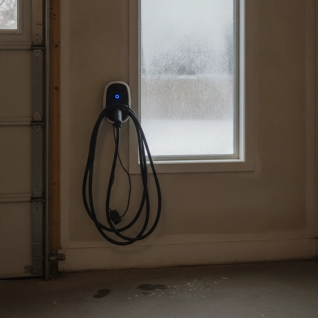 home charging unit and cable in an attached garage on a winter morning