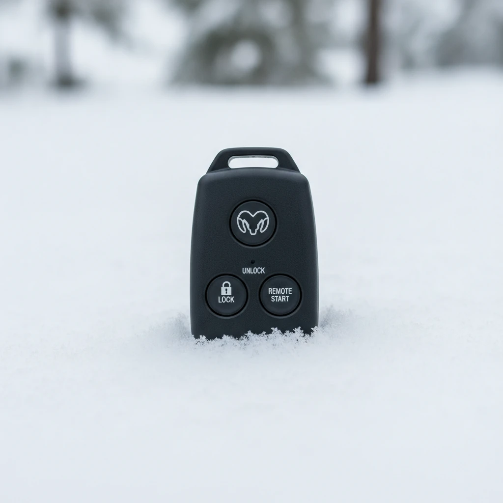 vehicle key fob resting on fresh snow in winter