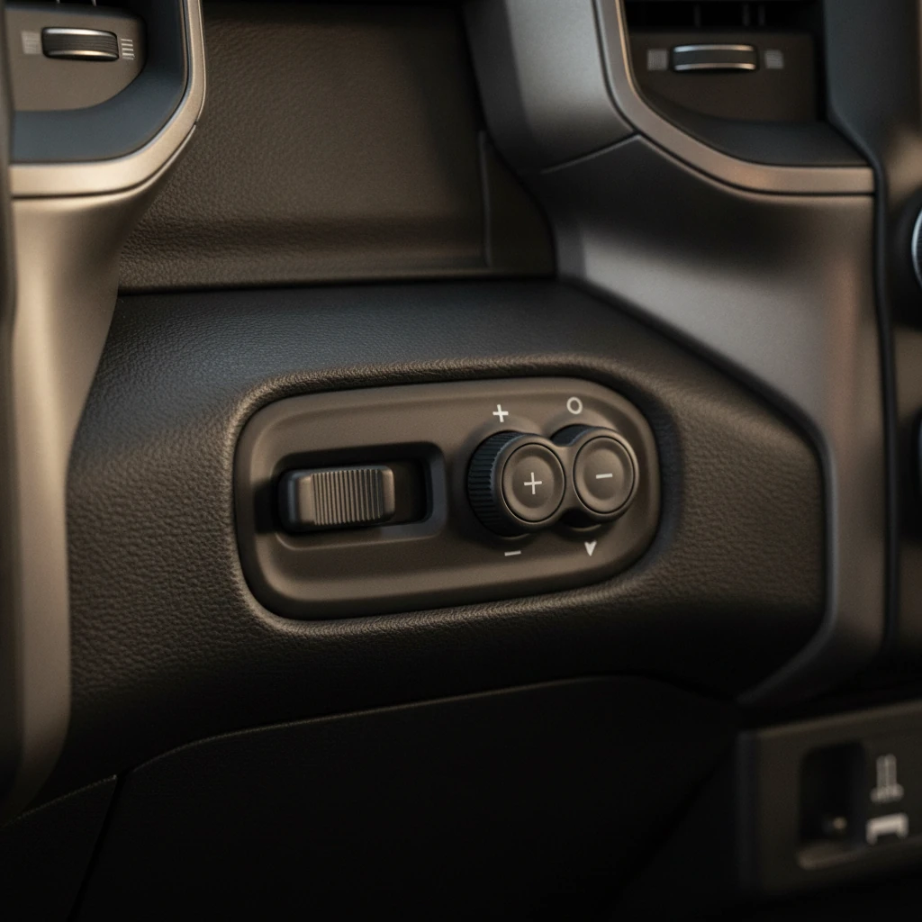 Close up of a truck dashboard trailer brake controller with a manual sliding lever and gain buttons