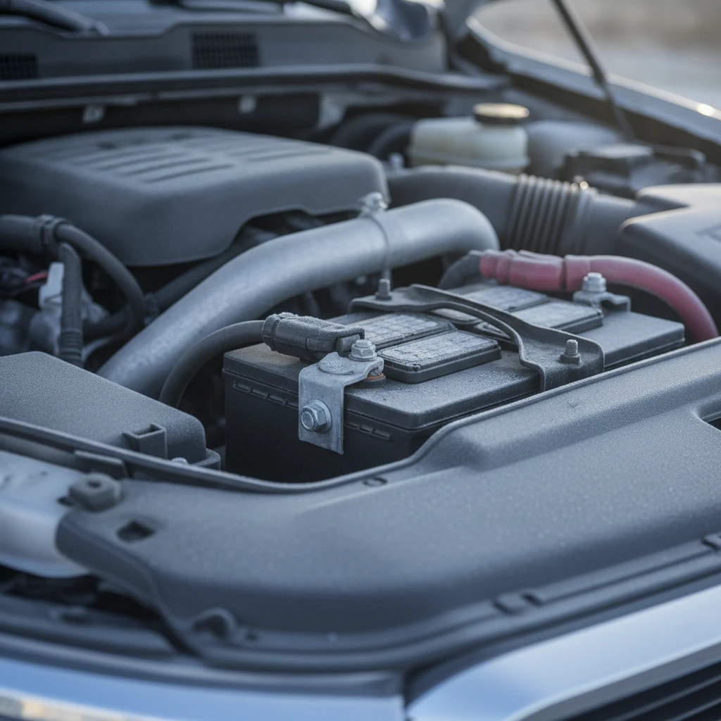 truck battery in an engine bay with clean terminals and a hold down clamp on a frosty morning