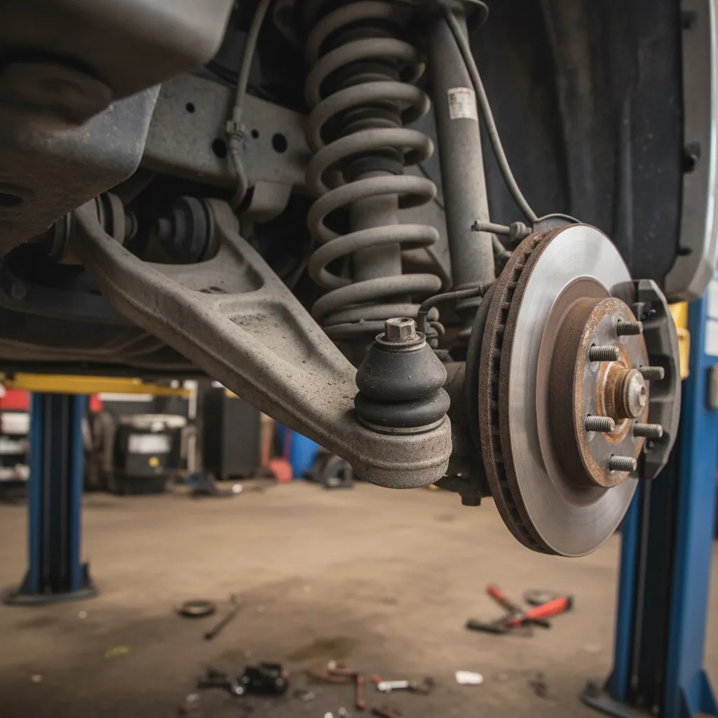 front lower control arm and suspension joint boot on a pickup truck raised on a shop hoist