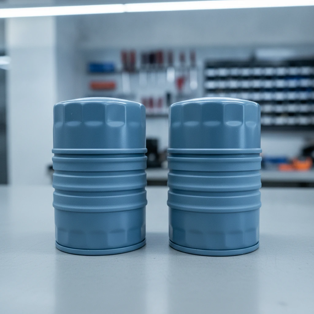 Two similar automotive filters side by side on a clean parts counter workbench
