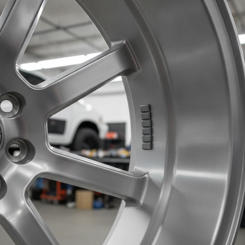Close up of an adhesive wheel weight attached to the inner barrel of a truck wheel rim