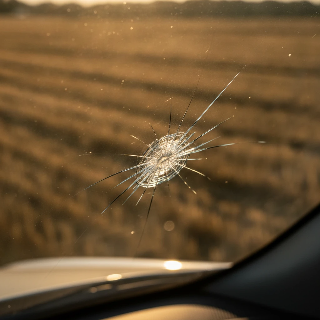 close up of a stone chip in a vehicle windshield with a stubble field beyond