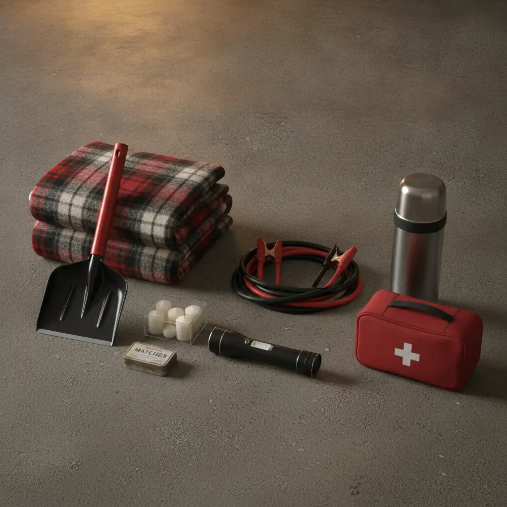 winter emergency kit items laid out on a garage floor including blankets shovel and booster cables