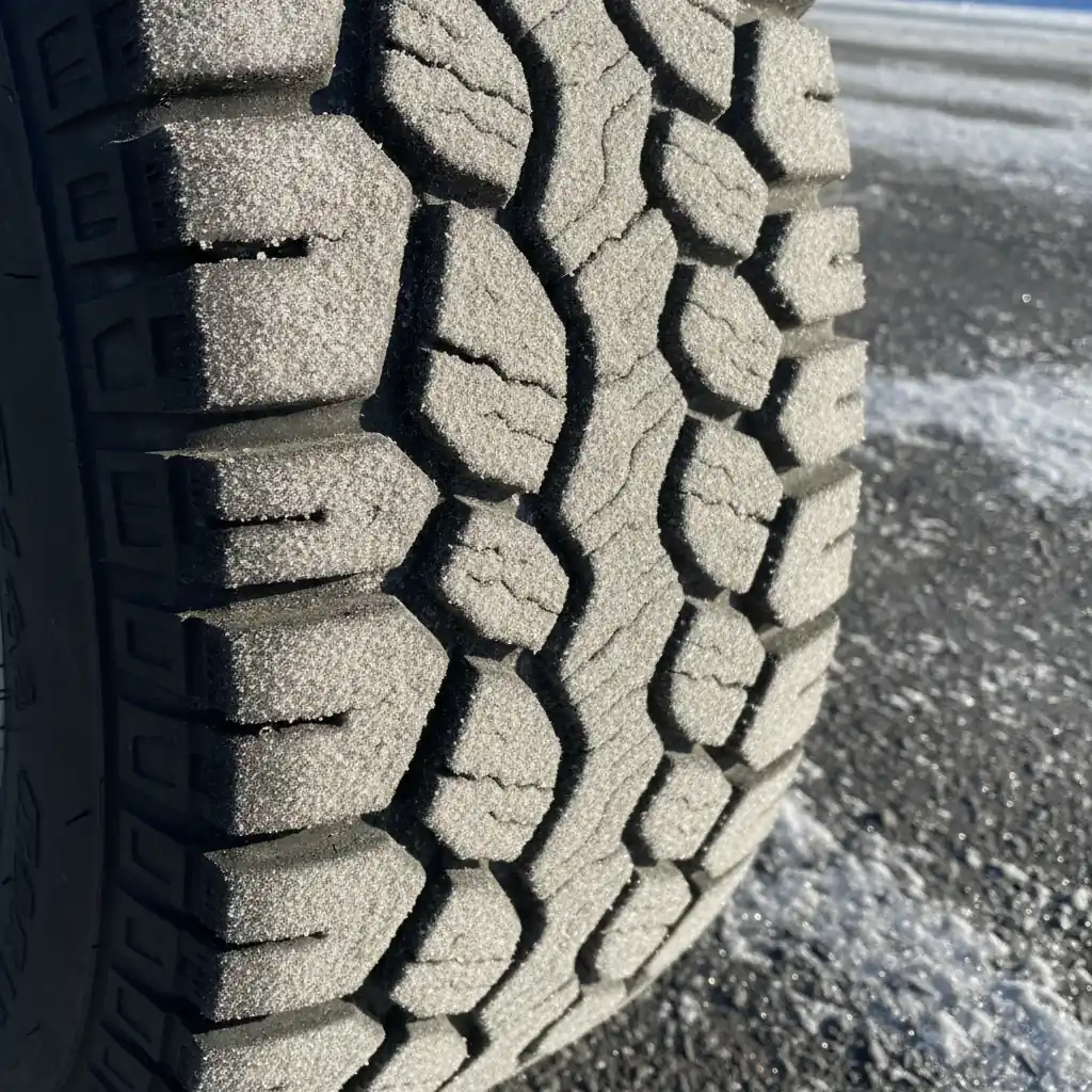 close up of winter tire tread showing deep blocks and fine siping dusted with snow