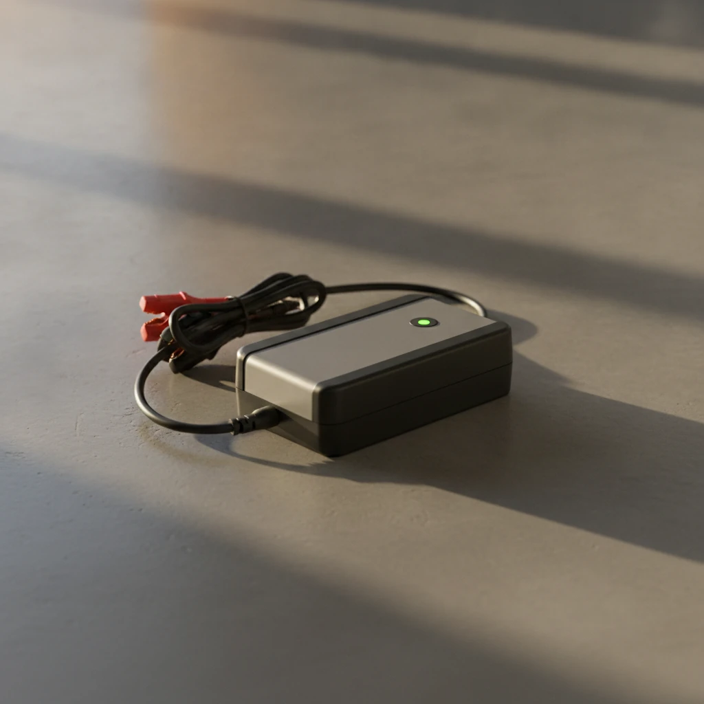 battery maintainer charger with a green indicator light on a concrete garage floor