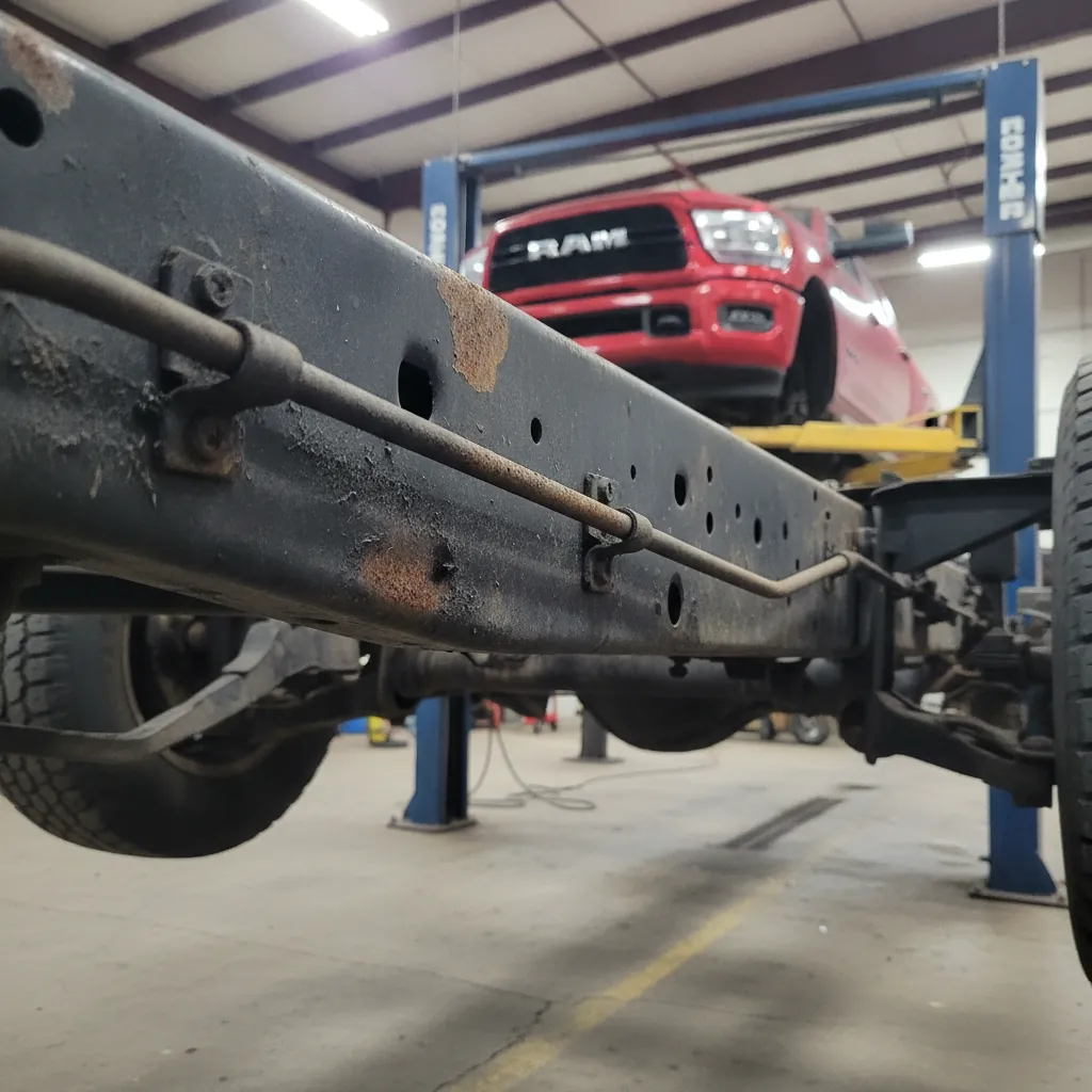steel brake line along the frame rail under a pickup truck with surface corrosion