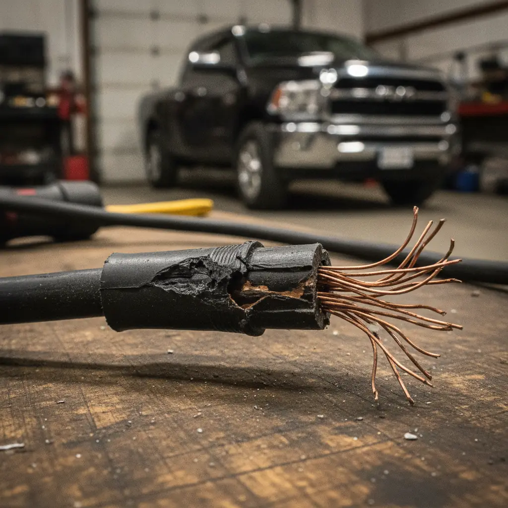 chewed and frayed block heater cord end with exposed copper strands
