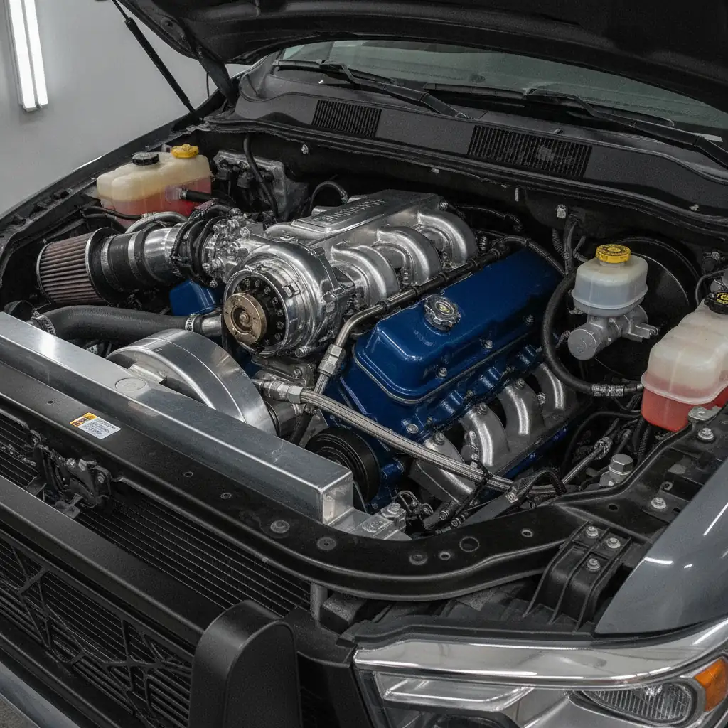 inline six cylinder turbo diesel engine bay in a heavy duty pickup truck