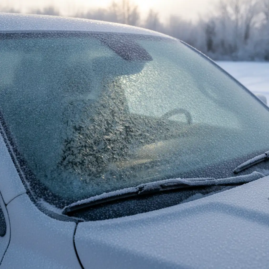 heavily frosted windshield at dawn on a cold winter morning