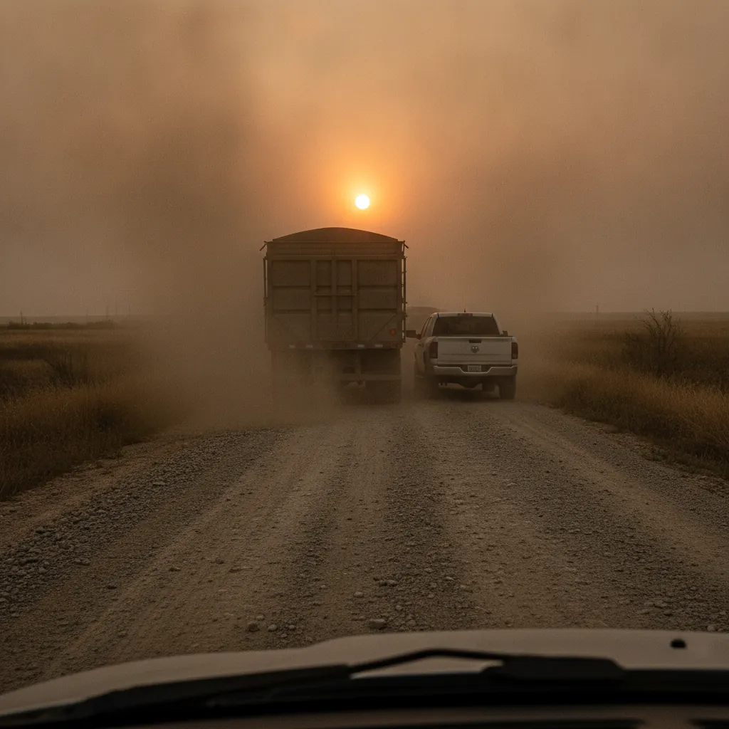 heavy dust cloud behind a grain truck on a Manitoba gravel road reducing visibility