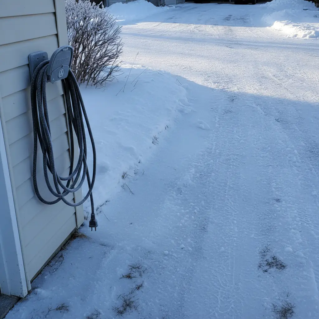 Manitoba residential driveway on a cold winter morning with an outdoor outlet and coiled cord on the garage wall