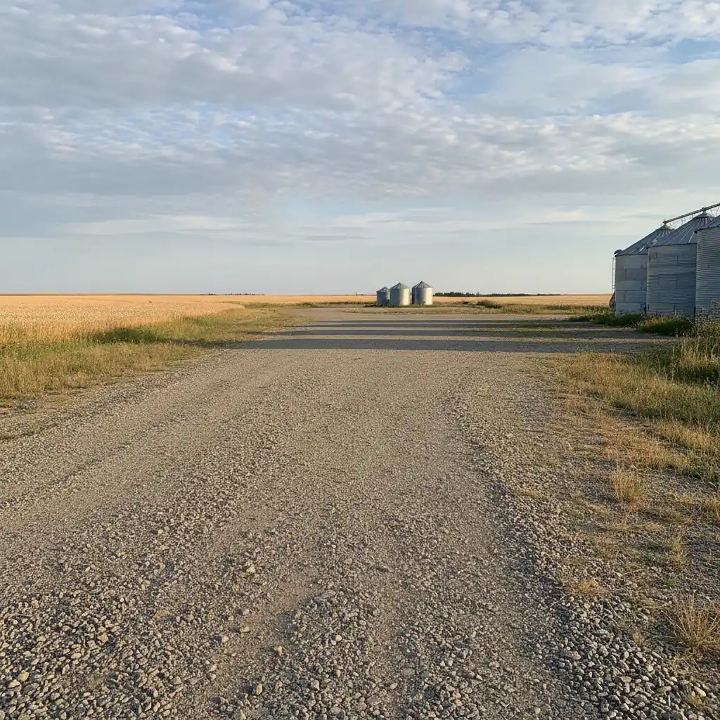 flat Manitoba farmyard approach in late summer with grain bins under a wide prairie sky