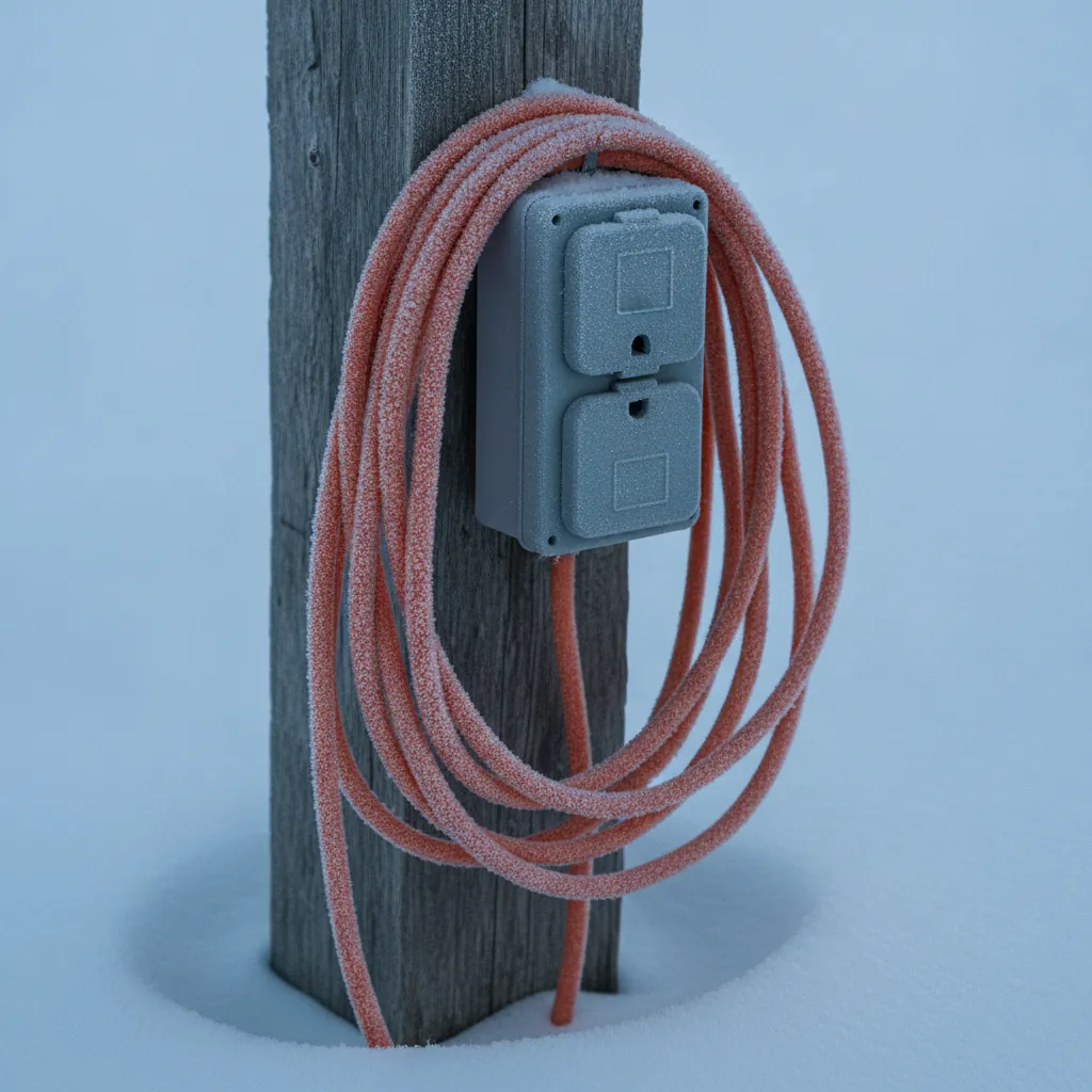 frost covered orange extension cord coiled on a weathered wooden plug in post in deep snow
