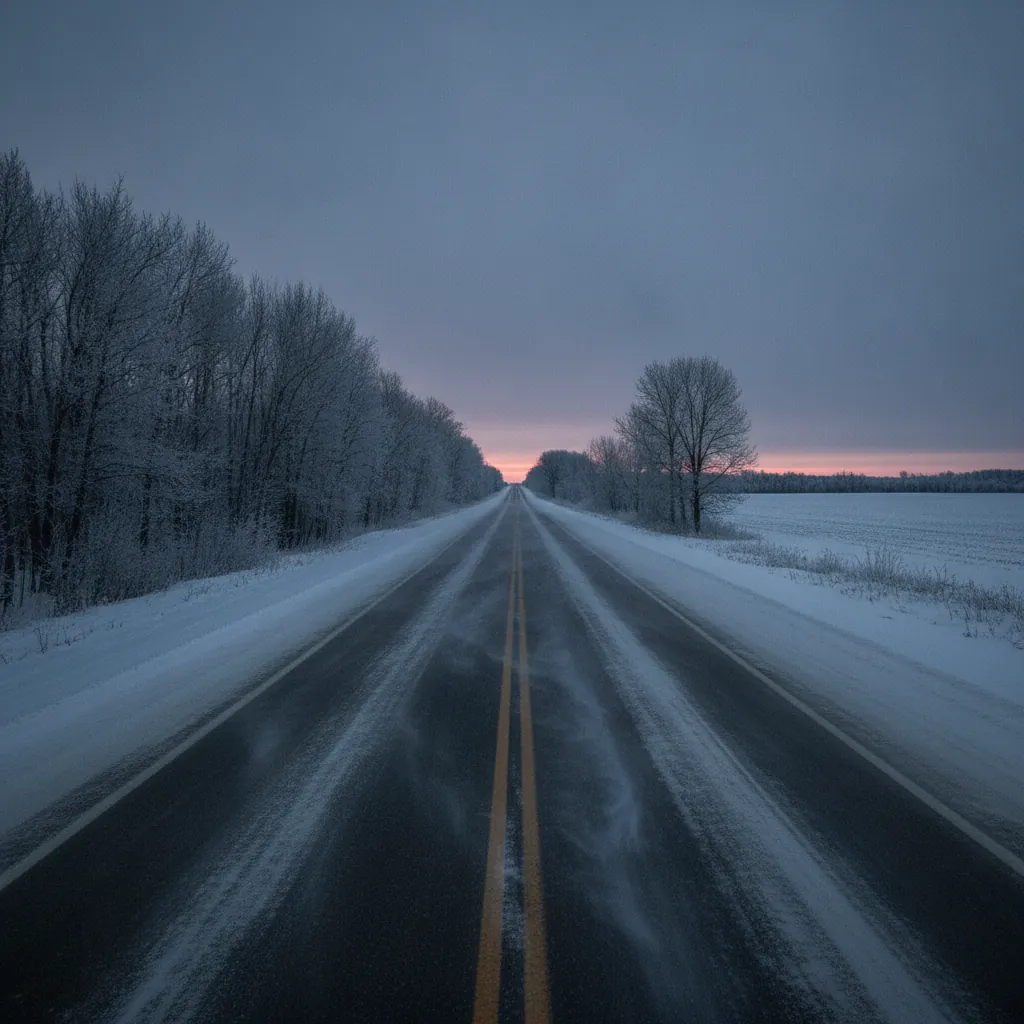 rural Manitoba two lane highway at dawn with blowing snow drifting across the pavement