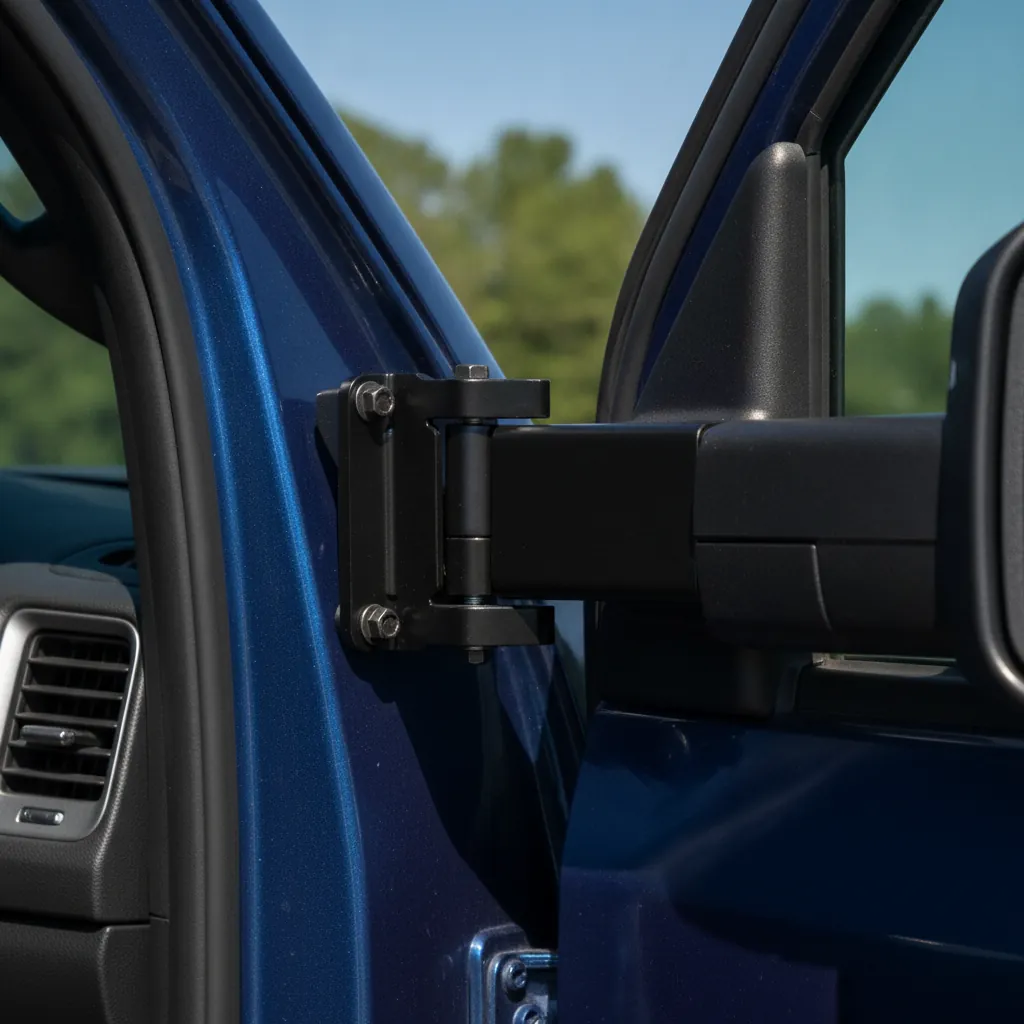 Metal mirror relocation bracket clamped to a door hinge post on an open sided vehicle