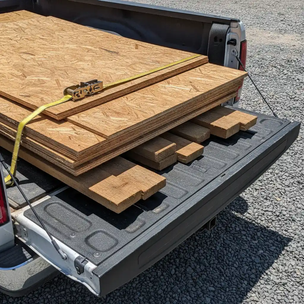 Plywood sheets and lumber strapped down in an open pickup box on a gravel yard