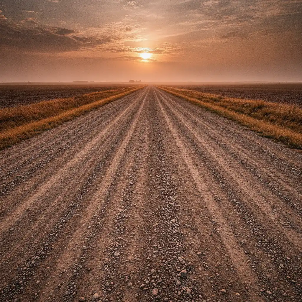 empty prairie gravel section road with washboard ripples running to the horizon