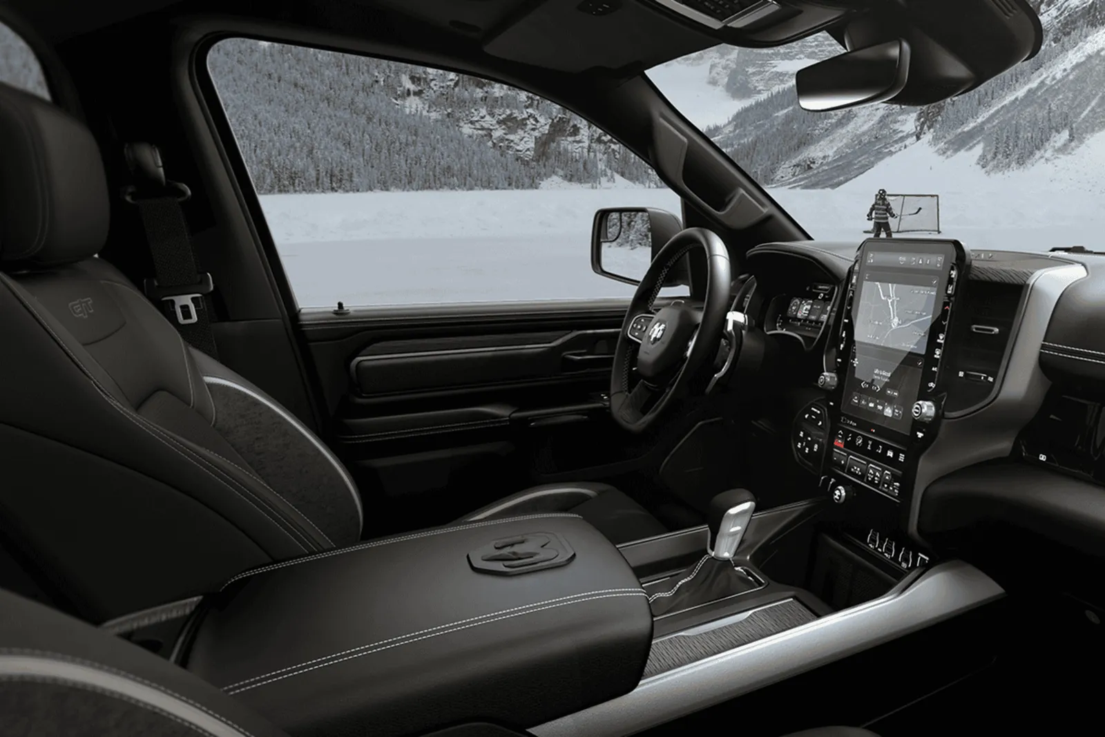 2026 Ram 1500 black leather front cabin with a frozen lake visible through the window
