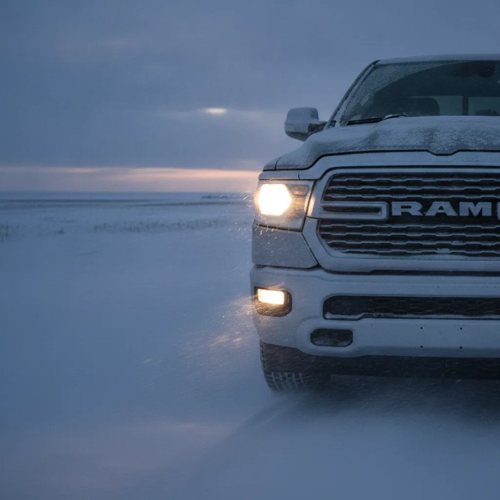 snow packed into the grille of a Ram pickup truck in blowing snow at dusk