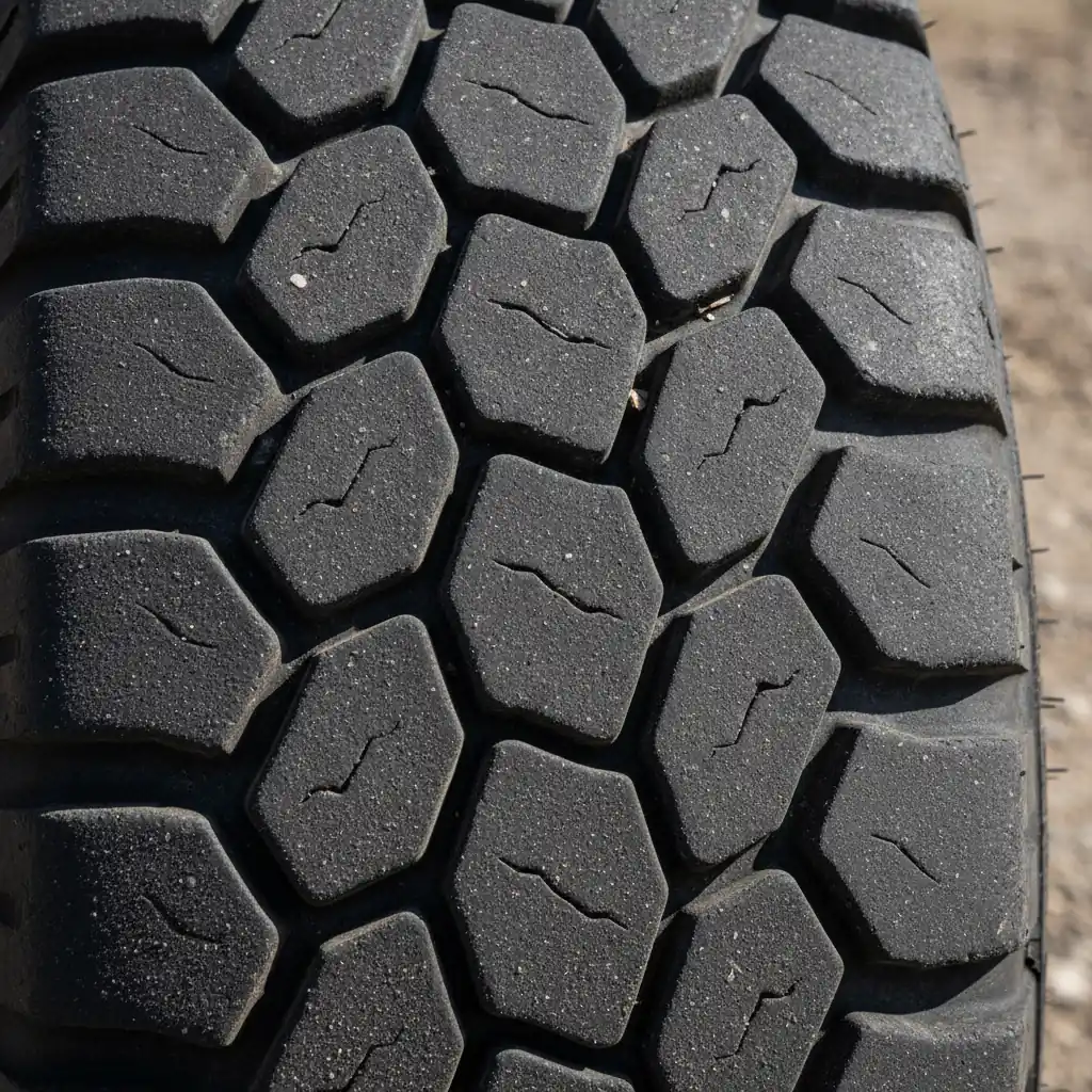 Truck tire tread showing cupped scalloped dips spaced around the circumference