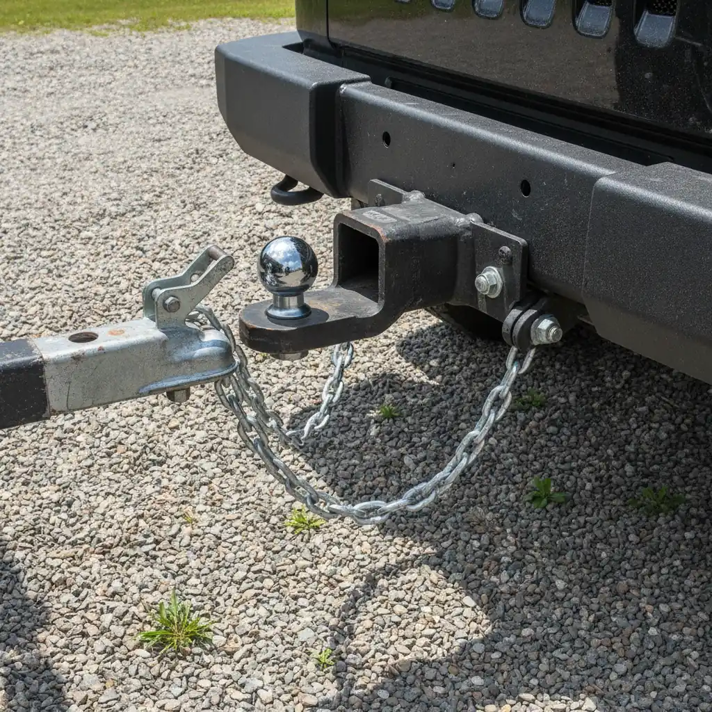 trailer hitch receiver and ball mount with a coupler and crossed safety chain on a gravel driveway