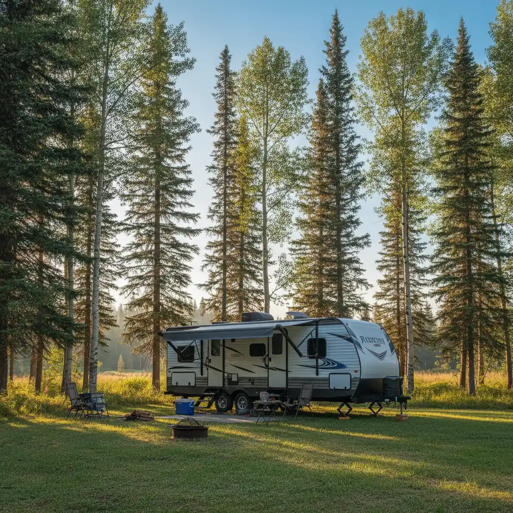 family travel trailer parked at a wooded Manitoba campsite on a summer evening