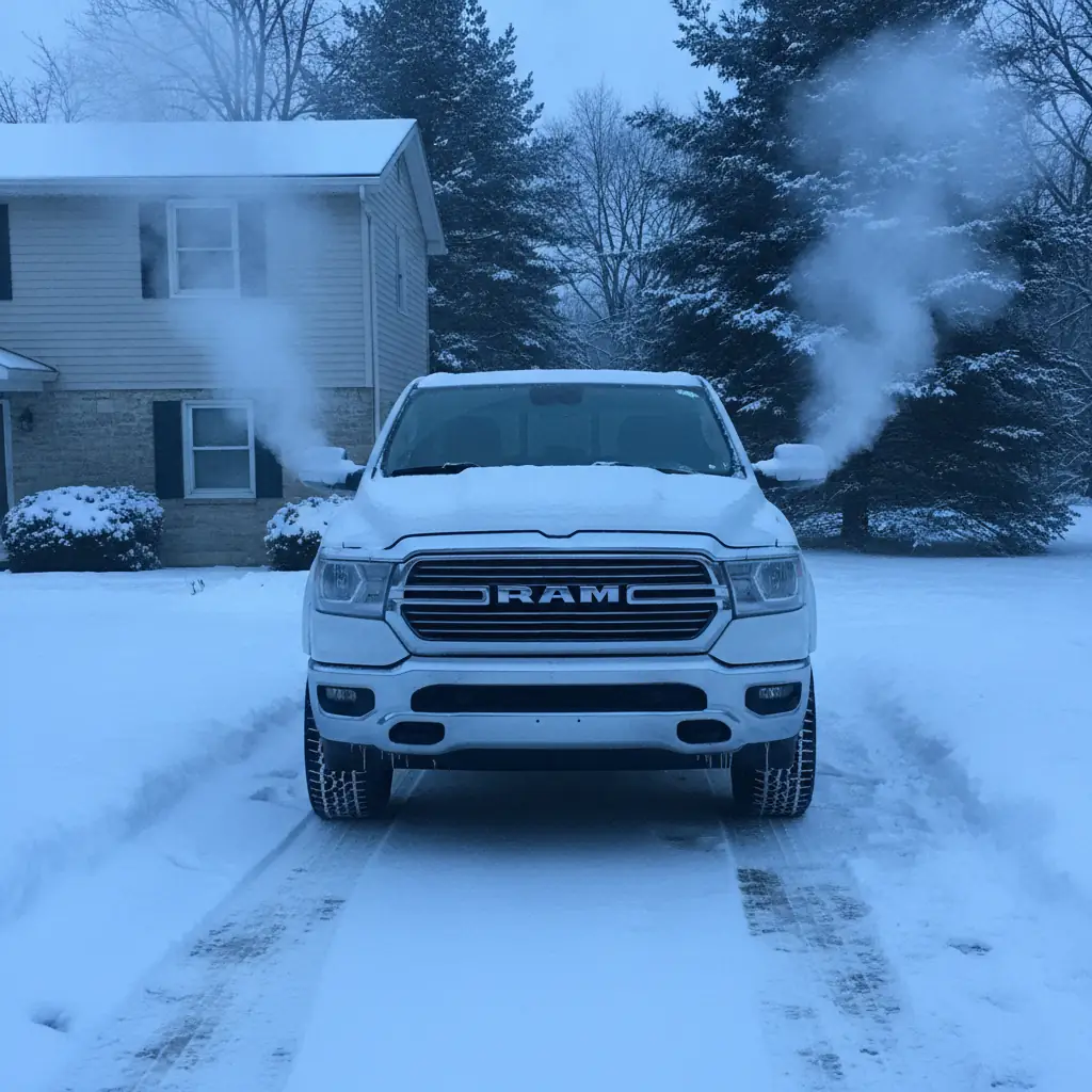 exhaust vapour rising from a truck idling on a snowy driveway at dawn