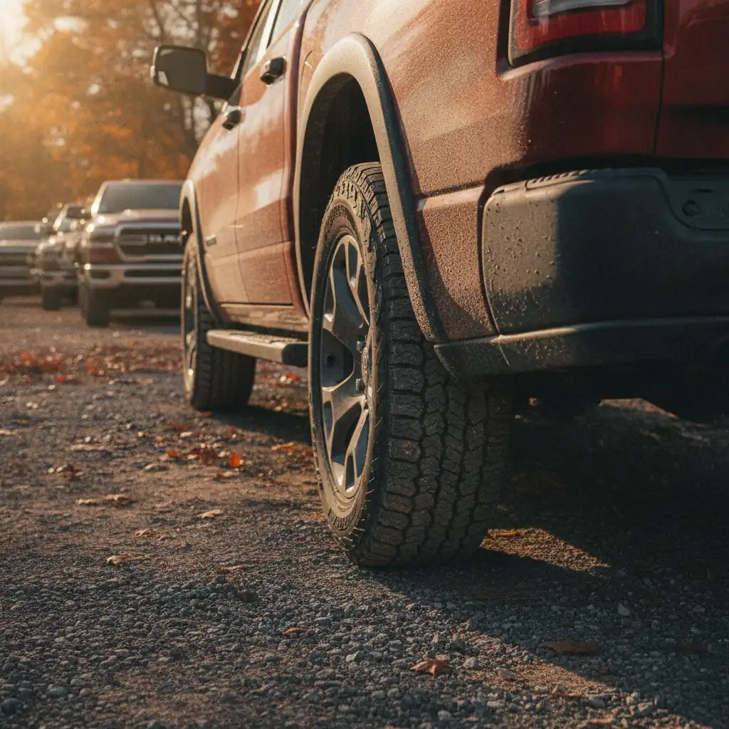 pickup truck rear wheel on dry bare asphalt showing tire and fender