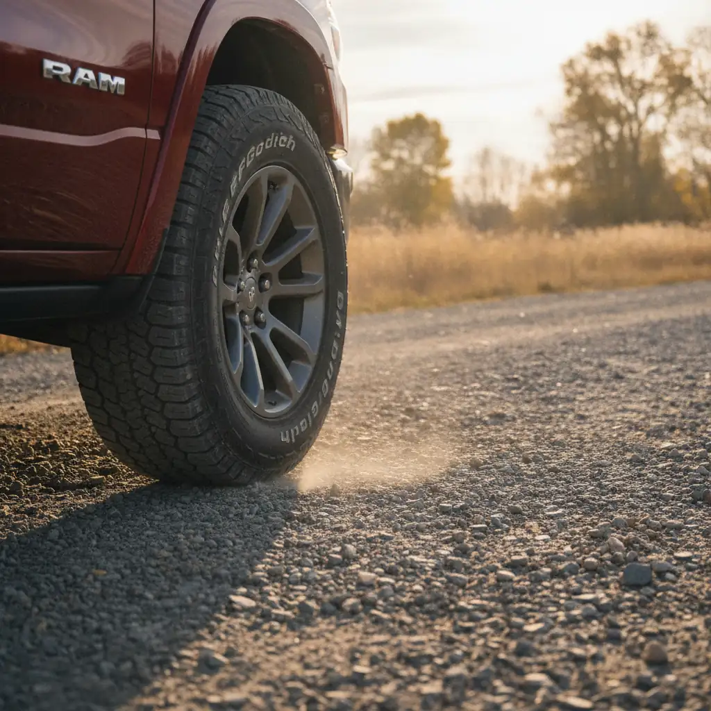 pickup truck tire on a dry gravel section road with loose stone and dust