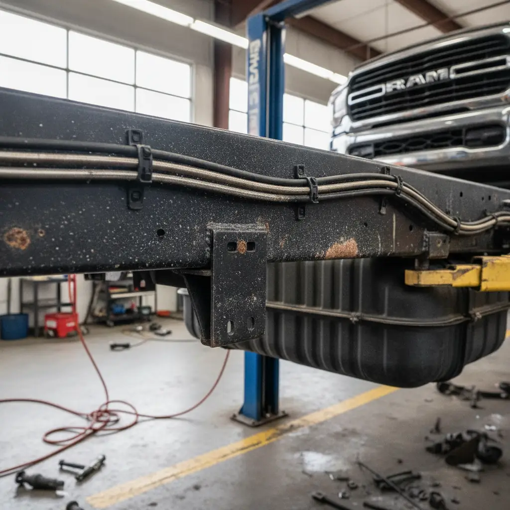 underside of a pickup frame rail on a hoist showing road salt residue and brake lines
