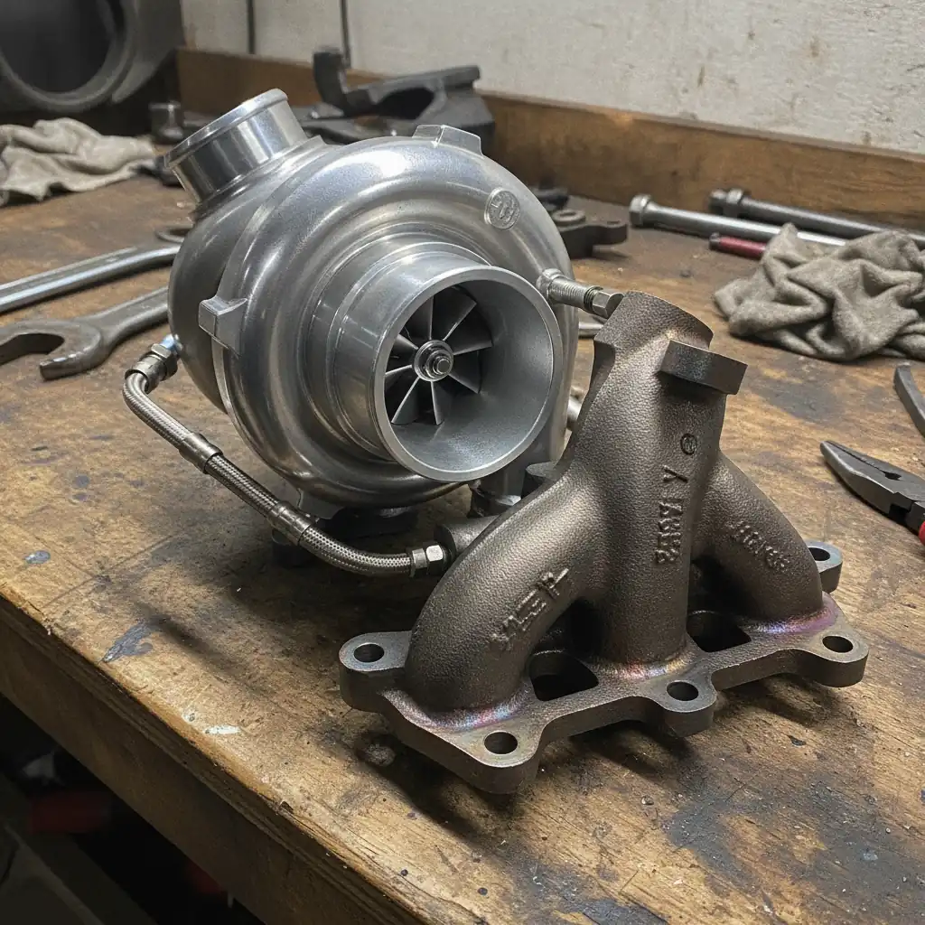 turbocharger and exhaust manifold assembly on a workshop bench under shop lighting