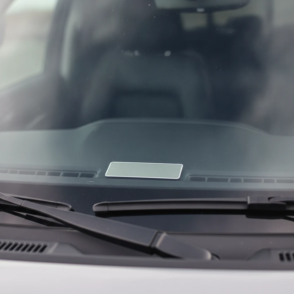lower corner of a pickup windshield showing the small plate on the dashboard where the VIN sits