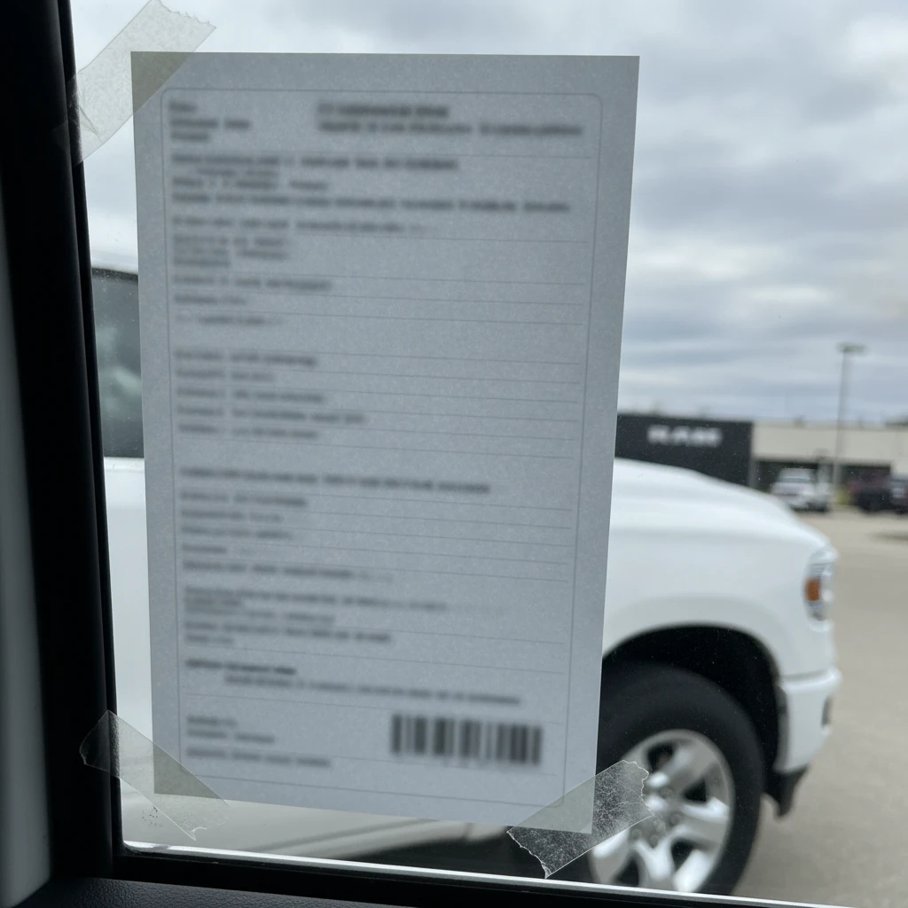 printed window sticker displayed inside the side window of a Ram pickup on a dealership lot
