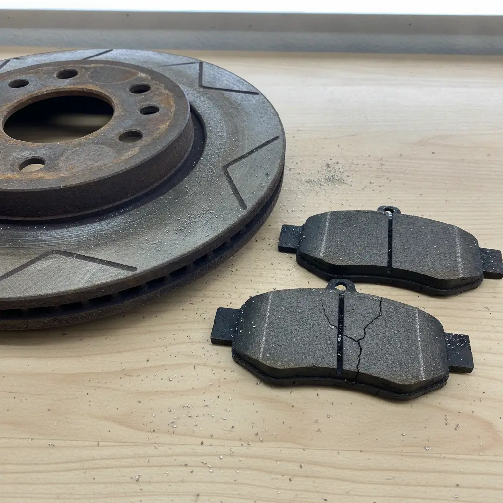 worn brake rotor and brake pads laid out on a workshop bench