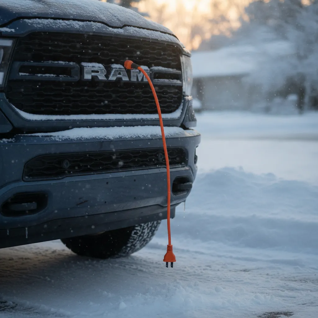 block heater cord hanging from the front of a pickup truck on a snowy driveway at dusk