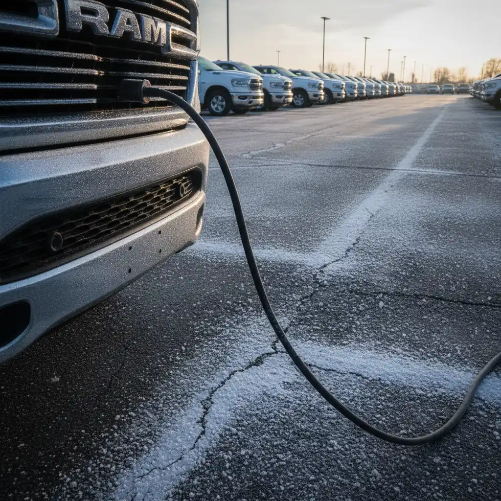 block heater cord hanging from the front of a pickup truck on a frosted lot at dawn