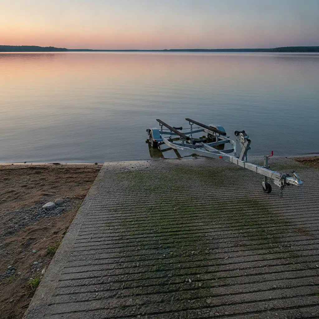 wet concrete boat launch ramp with a partly submerged boat trailer at dawn