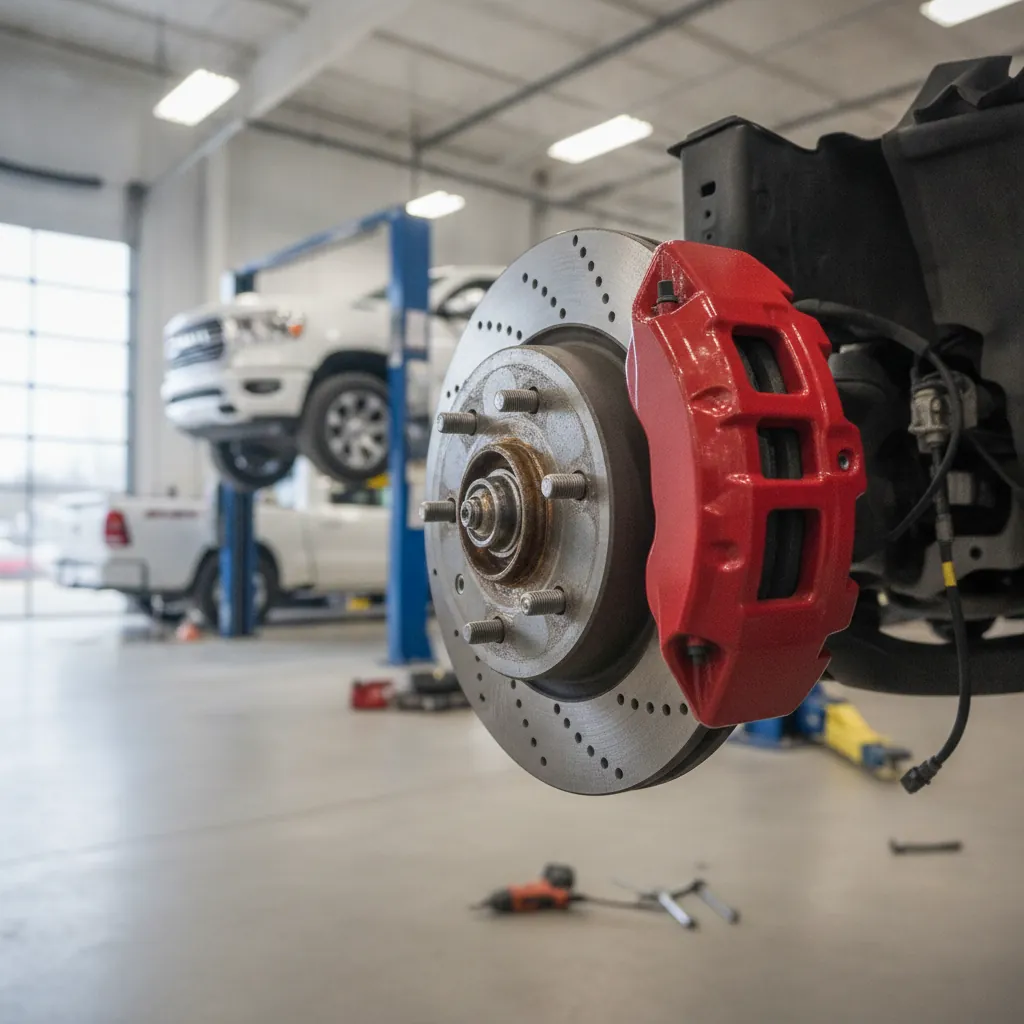 brake caliper and ventilated rotor with the wheel removed on a shop hoist