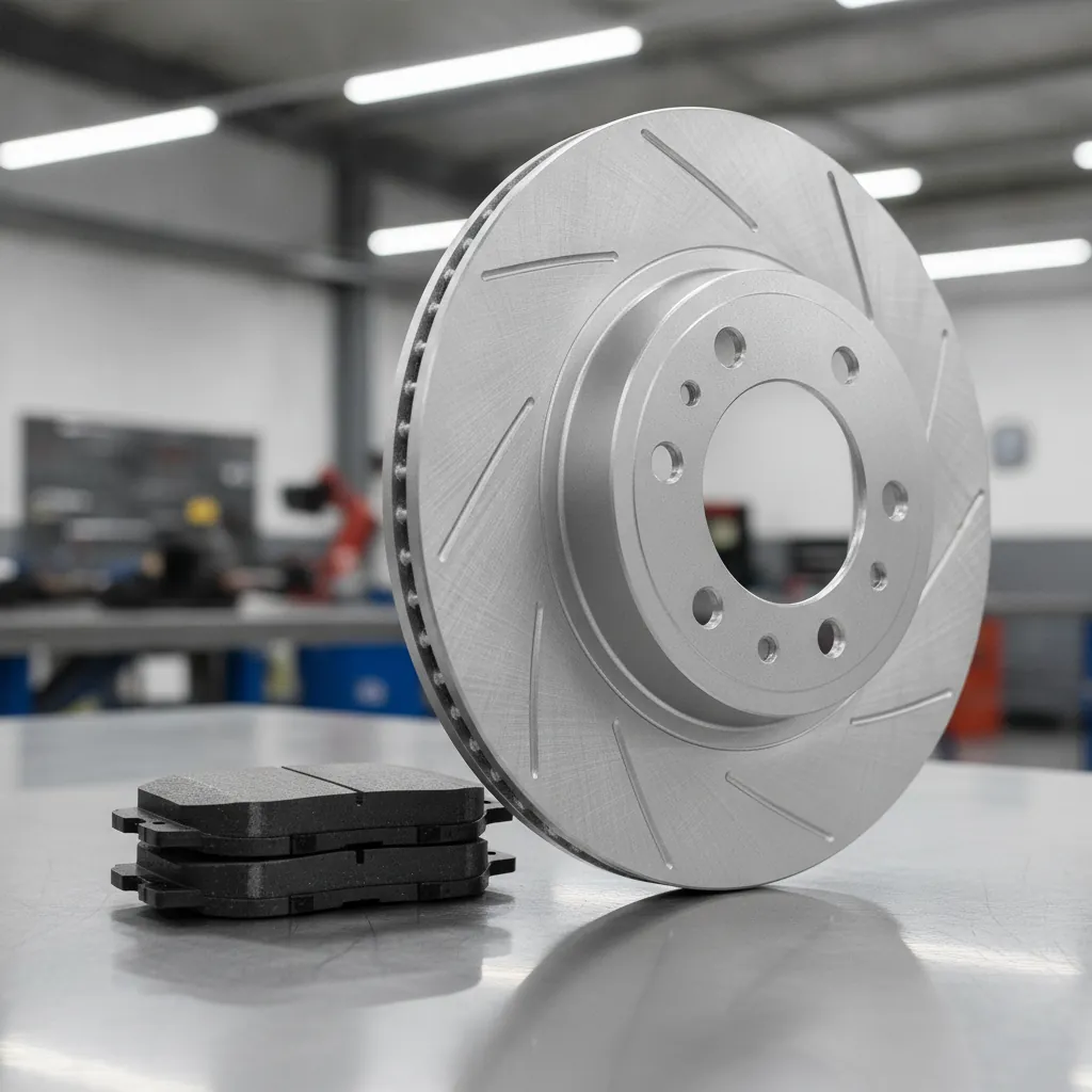 A new vented brake rotor on a workbench beside a matched pair of brake pads