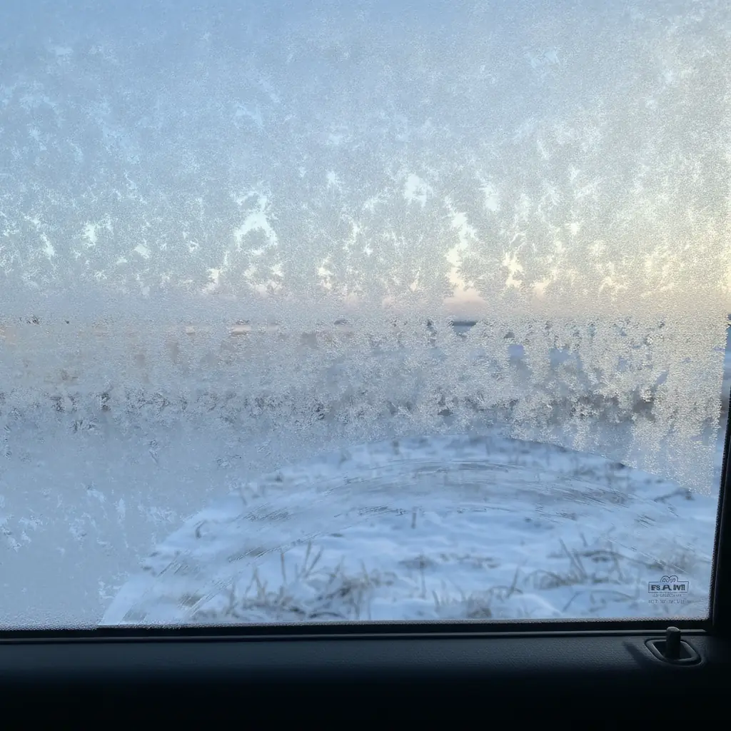 frosted vehicle side window partially cleared from inside on a cold morning