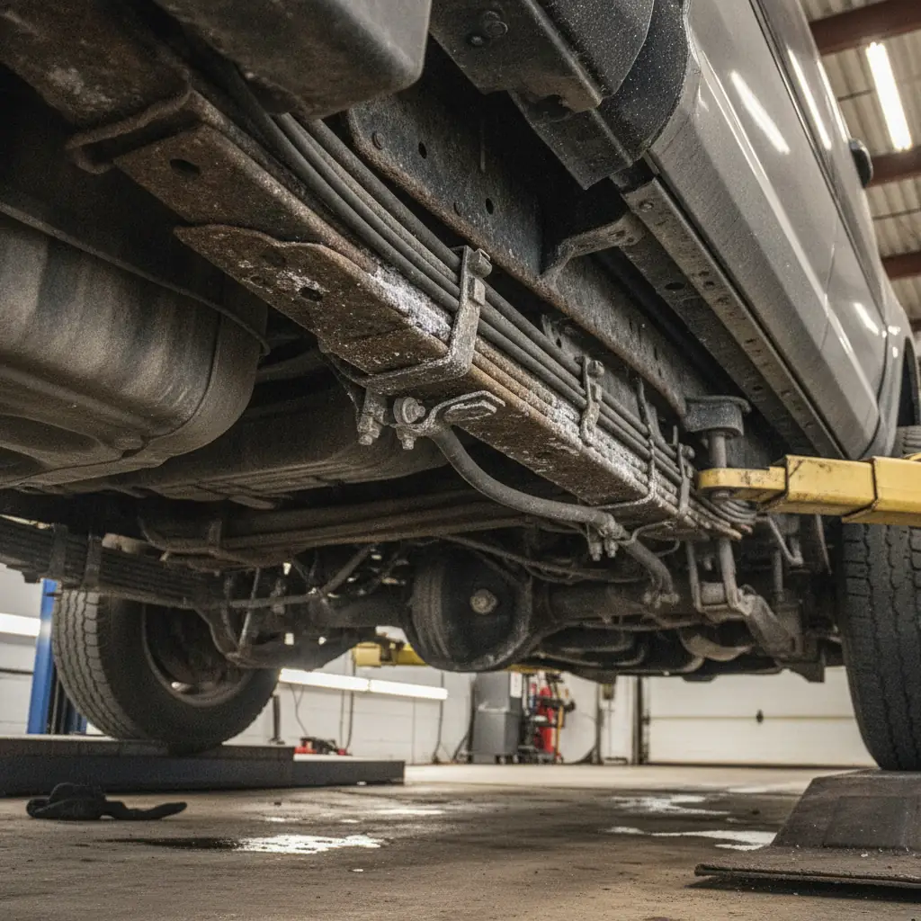 underside of a heavy duty pickup frame rail on a hoist showing salt residue and brake lines