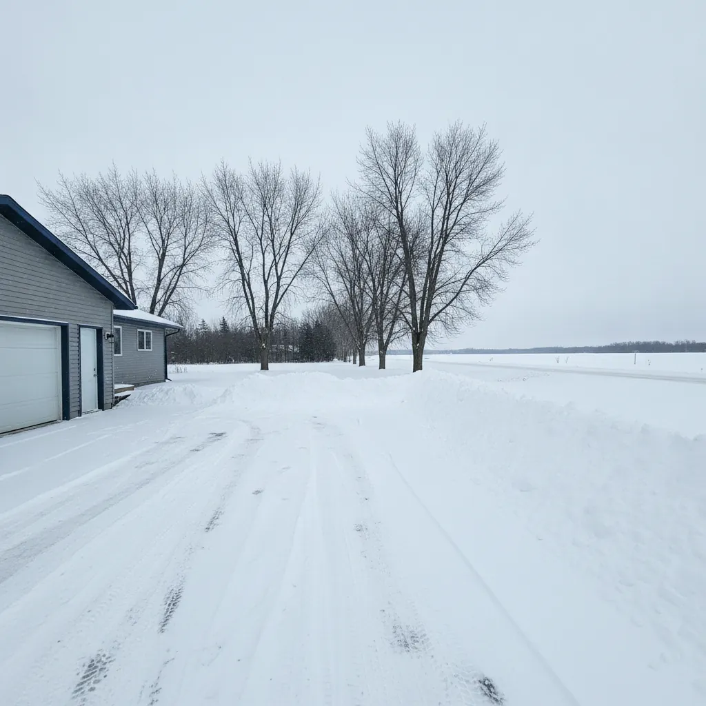 Snow packed residential driveway with a plow windrow across the end on a Manitoba winter morning
