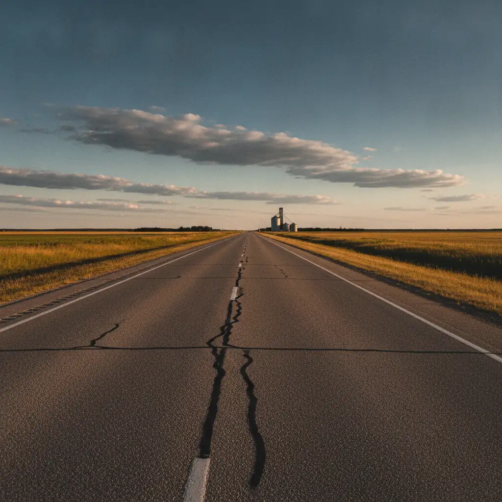 flat Manitoba highway in late summer with a distant grain elevator on the horizon
